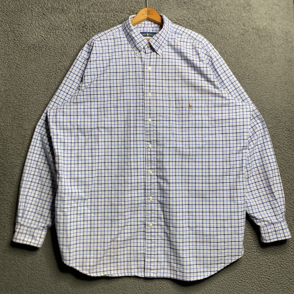 Polo Ralph Lauren Shirt Mens 2XLT Tall Blue Plaid Oxford Button Up Flesh Pony